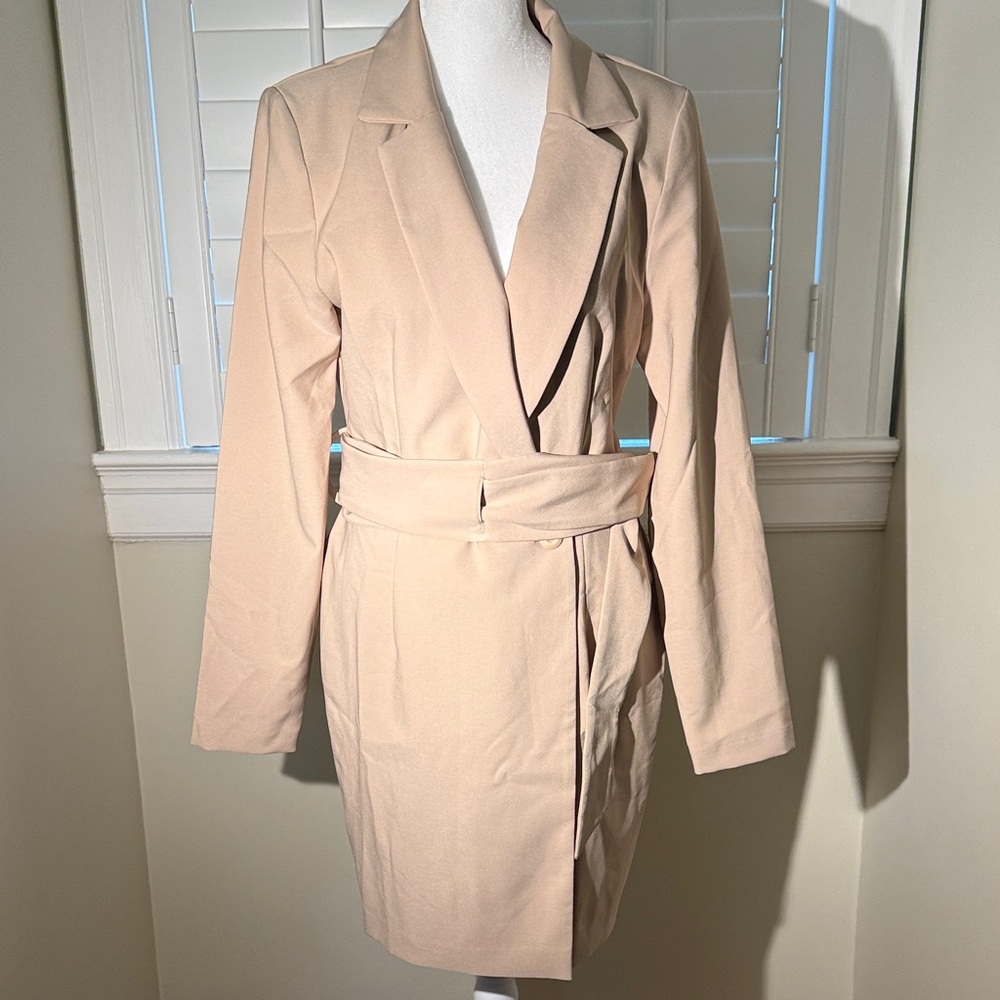Belted Blazer Dress in Light Beige